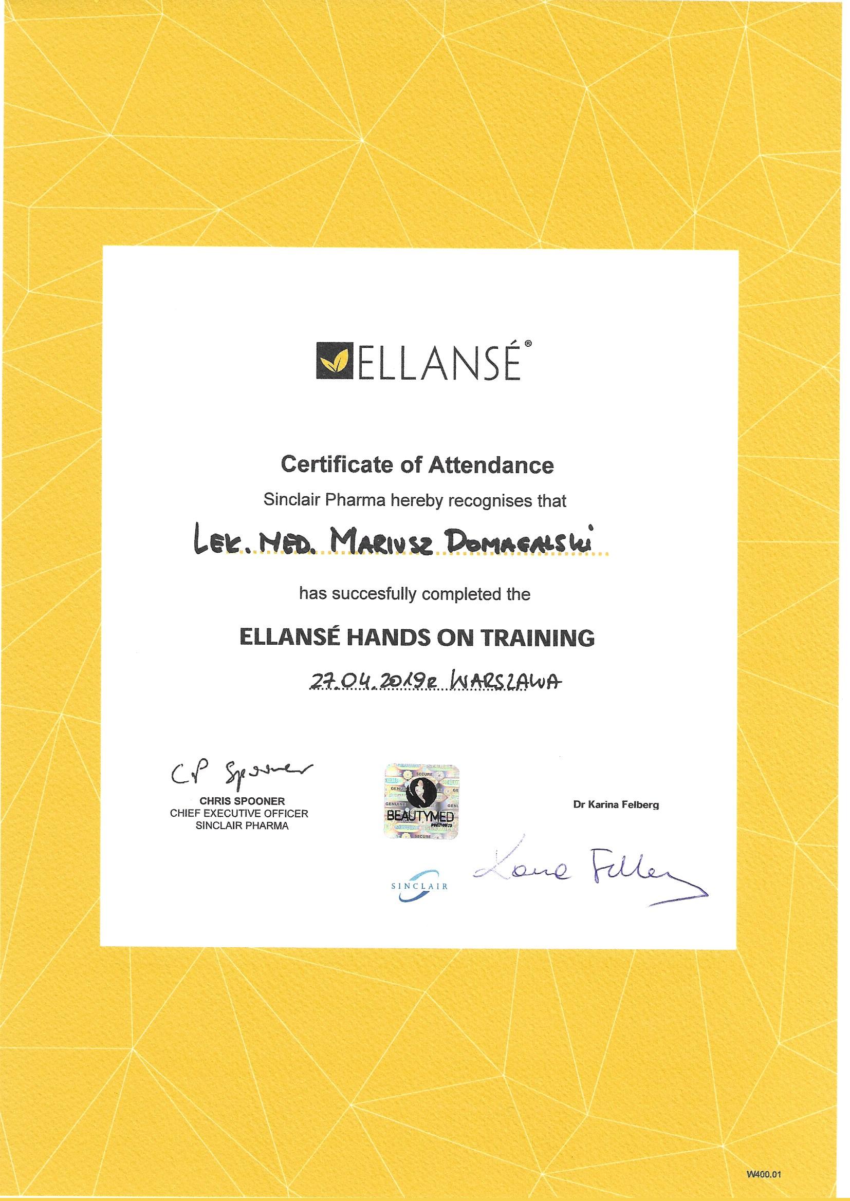 Certyfikat ukończenia szkolenia z zastosowania technik iniekcji wypełniacza Ellanse (2019)